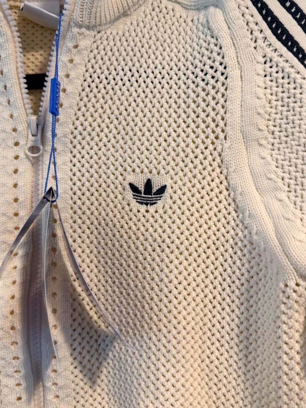 adidas Cream Knit Zip Jacket and Drawstring Shorts with Black Stripes - Picture 2 of 3